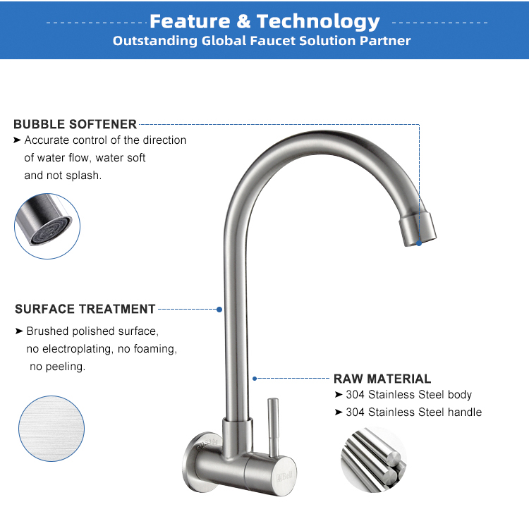 Sanitary Ware 304 SUS Hot and Cold Water Tap Wall Mounted Kitchen Mixer Tap